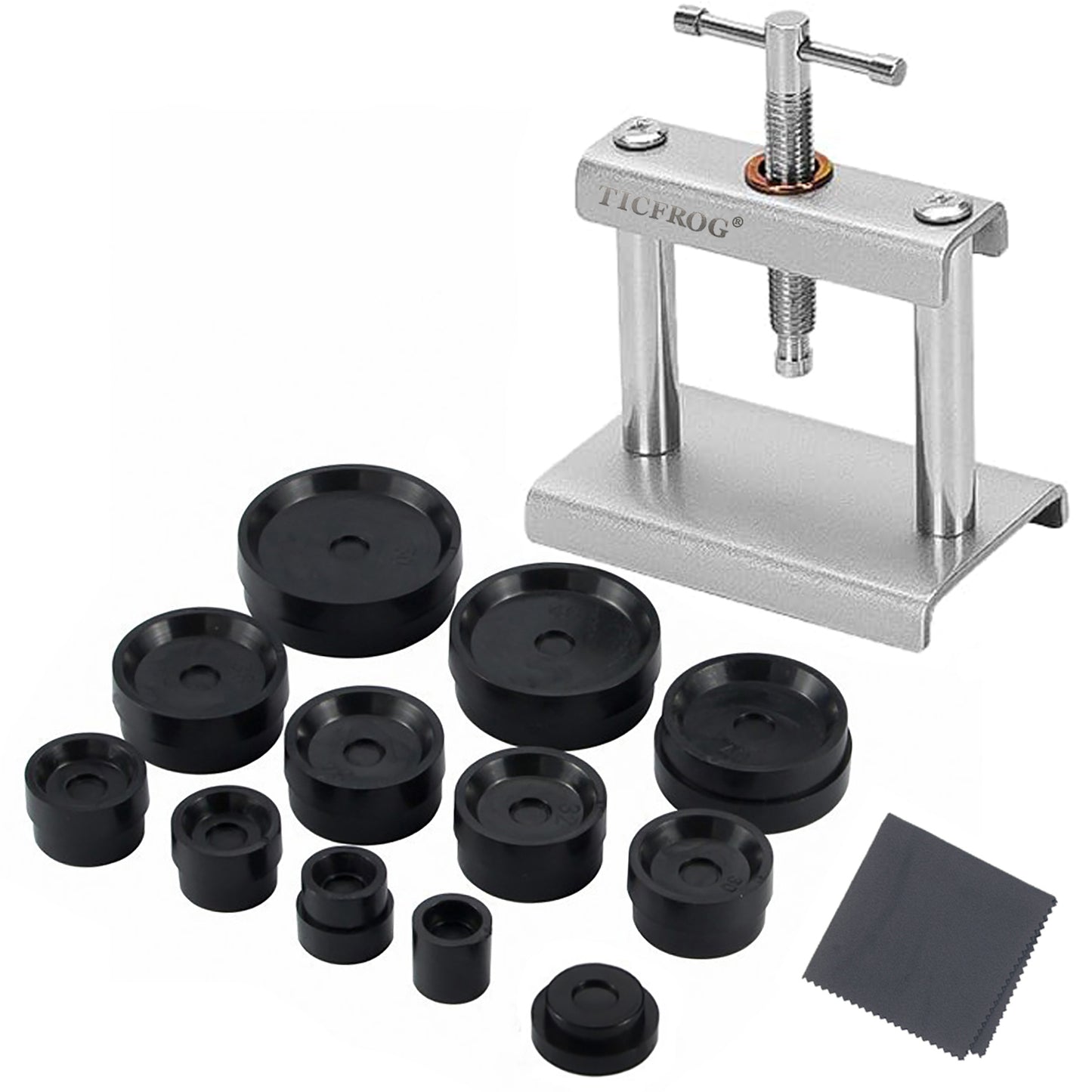 Watch Press Tool, Watch Crystal Press, Set Back Case Closer, Metal Watch Back Case Press, Watch Battery Replacement Tool with Watch Cleaning Cloth and 12 Dies for Round&Square Watch Dials