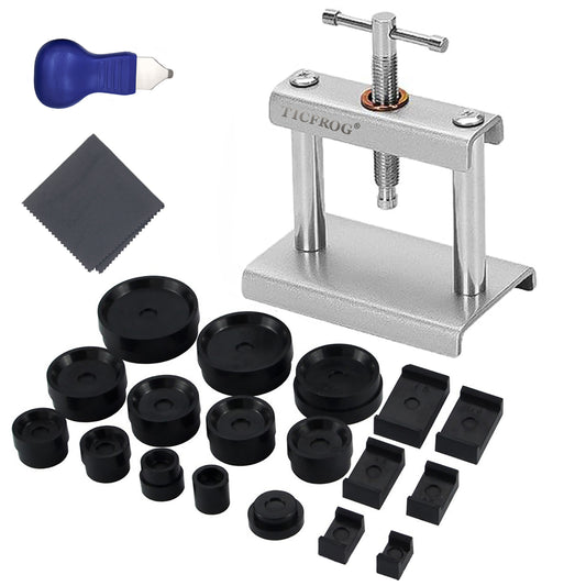Watch Press Tool, Watch Crystal Press, Metal Watch Back Case Press, Watch Battery Replacement Tool with Watch Back Remover Tool, Watch Case Opener, 18 Dies for Round/Square Watch Dials