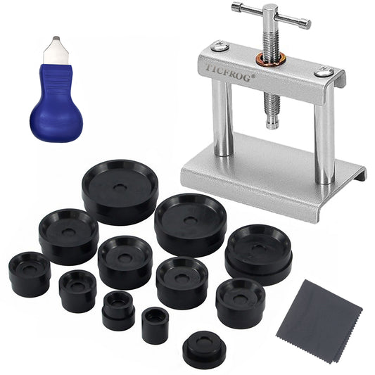 Watch Press Tool, Watch Crystal Press, Metal Watch Back Case Press, Watch Battery Replacement Tool with Watch Back Remover Tool, Watch Case Opener and 12pcs Dies for Round Watch Dials