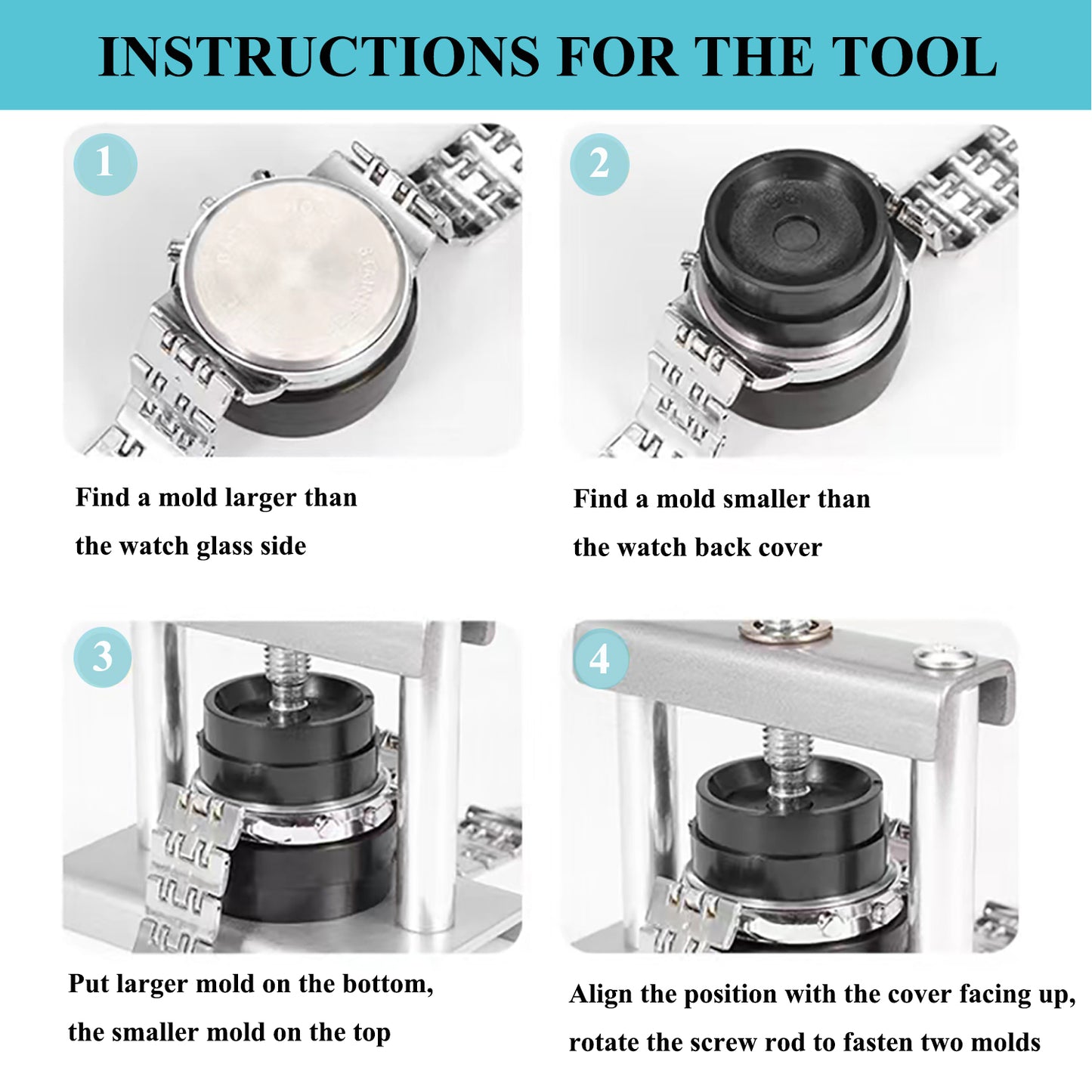 Watch Press Tool, Watch Crystal Press, Set Back Case Closer, Metal Watch Back Case Press, Watch Battery Replacement Tool with Watch Cleaning Cloth and 12 Dies for Round&Square Watch Dials